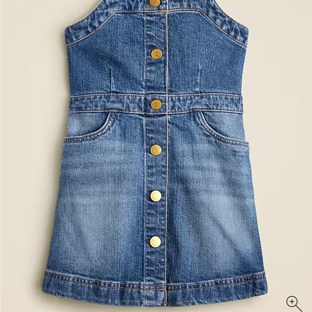 Denim Button-Down Dress with Gold Accents. Girls denim overall mini dress
